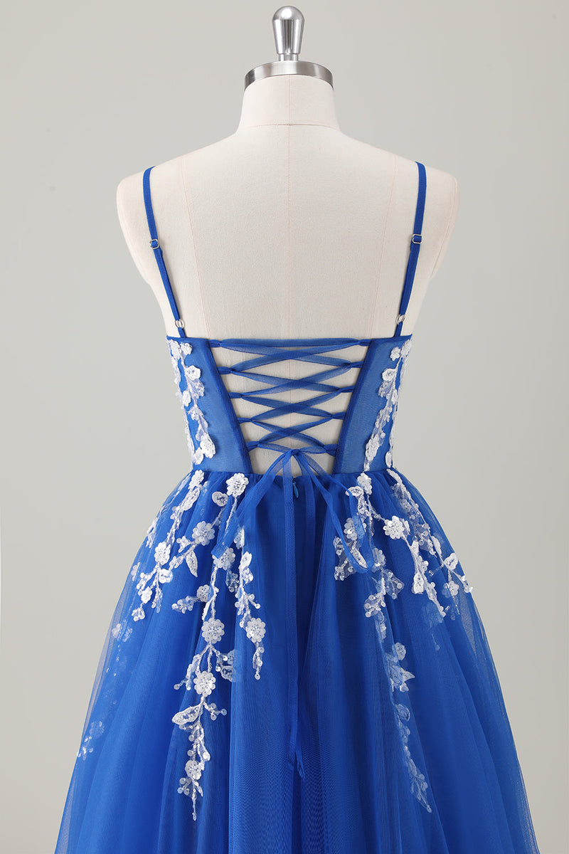 Load image into Gallery viewer, Royal Blue Ball-Gown Long Appliqued Prom Dress with Slit