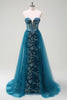 Load image into Gallery viewer, Sparkly Peacock Blue Mermaid Strapless Corset Long Prom Dress with Slit