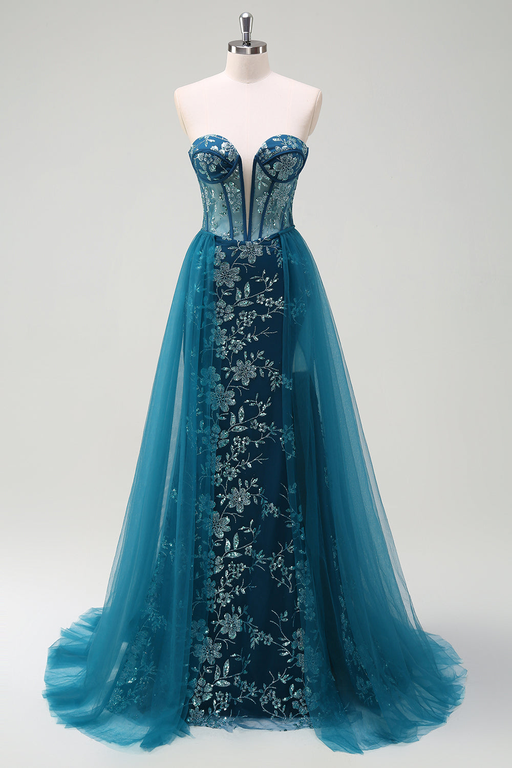 Sparkly Peacock Blue Mermaid Strapless Corset Long Prom Dress with Slit