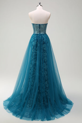 Sparkly Peacock Blue Mermaid Strapless Corset Long Prom Dress with Slit