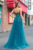 Load image into Gallery viewer, Peacock Blue Mermaid Streamer Strapless Corset Long Prom Dress with Slit