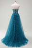 Load image into Gallery viewer, Peacock Blue Mermaid Streamer Strapless Corset Long Prom Dress with Slit