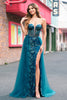 Load image into Gallery viewer, Peacock Blue Mermaid Streamer Strapless Corset Long Prom Dress with Slit