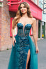 Load image into Gallery viewer, Peacock Blue Mermaid Streamer Strapless Corset Long Prom Dress with Slit