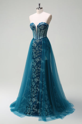 Sparkly Peacock Blue Mermaid Strapless Corset Long Prom Dress with Slit