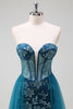 Load image into Gallery viewer, Sparkly Peacock Blue Mermaid Strapless Corset Long Prom Dress with Slit