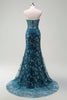 Load image into Gallery viewer, Sparkly Peacock Blue Mermaid Strapless Corset Long Prom Dress with Slit