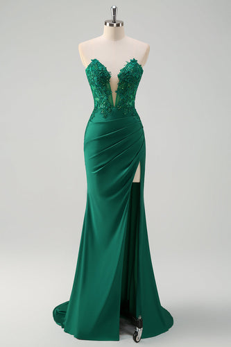 Green Mermaid Strapless Corset Long Prom Dress with Slit