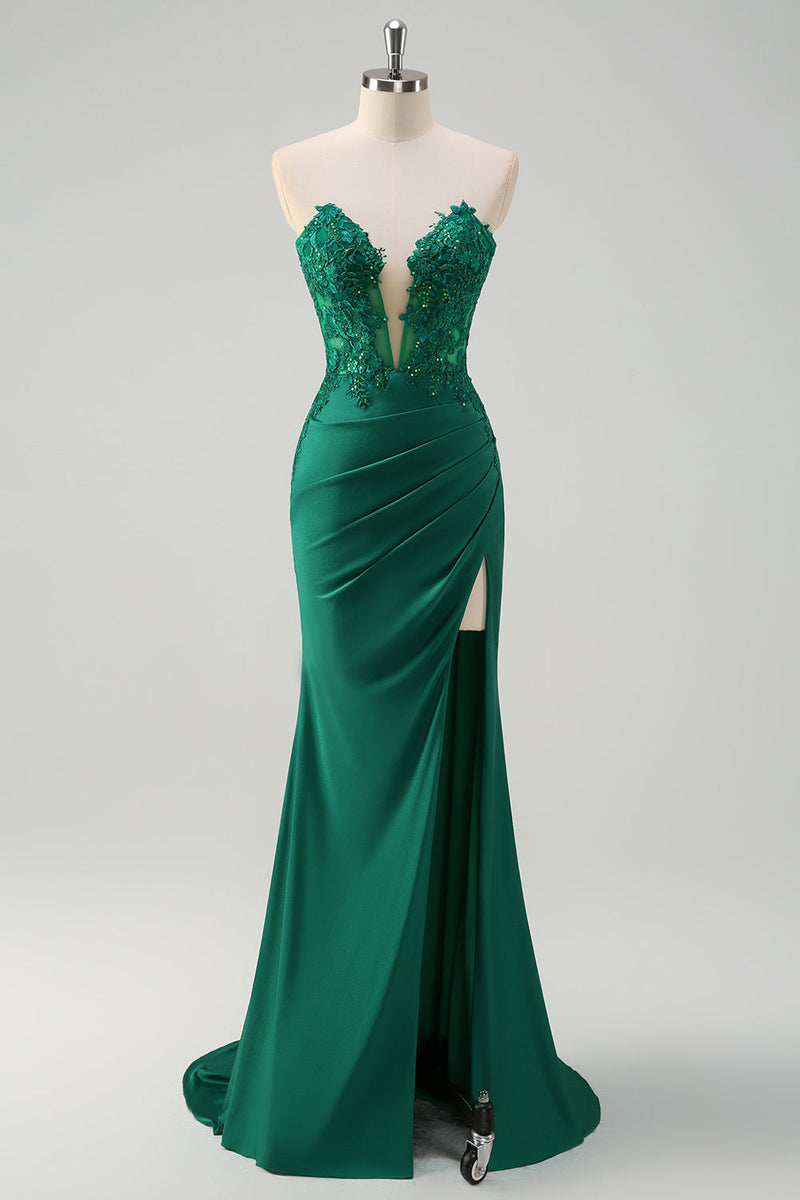 Load image into Gallery viewer, Mermaid Green Strapless Cut Out Corset Long Prom Dress with Slit