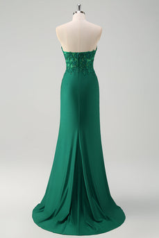 Green Mermaid Strapless Corset Long Prom Dress with Slit