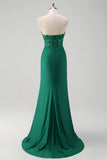 Green Mermaid Strapless Corset Long Prom Dress with Slit