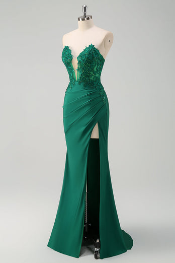 Green Mermaid Strapless Corset Long Prom Dress with Slit