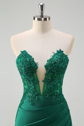 Green Mermaid Strapless Corset Long Prom Dress with Slit