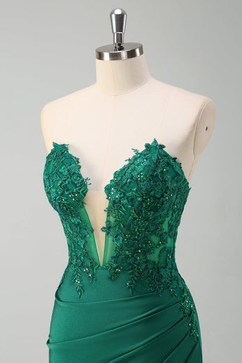 Green Mermaid Strapless Corset Long Prom Dress with Slit