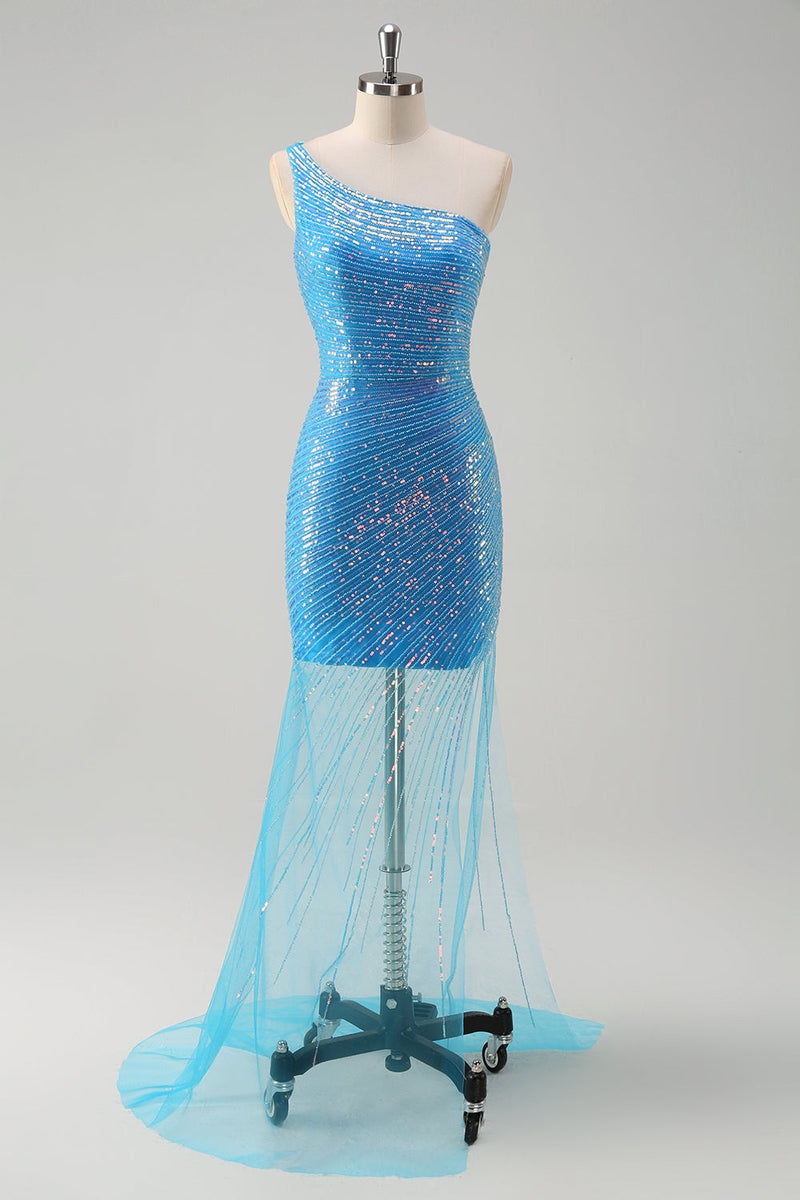 Load image into Gallery viewer, Sparkly Sequins Blue Bodycon One Shoulder Short Cocktail Dress