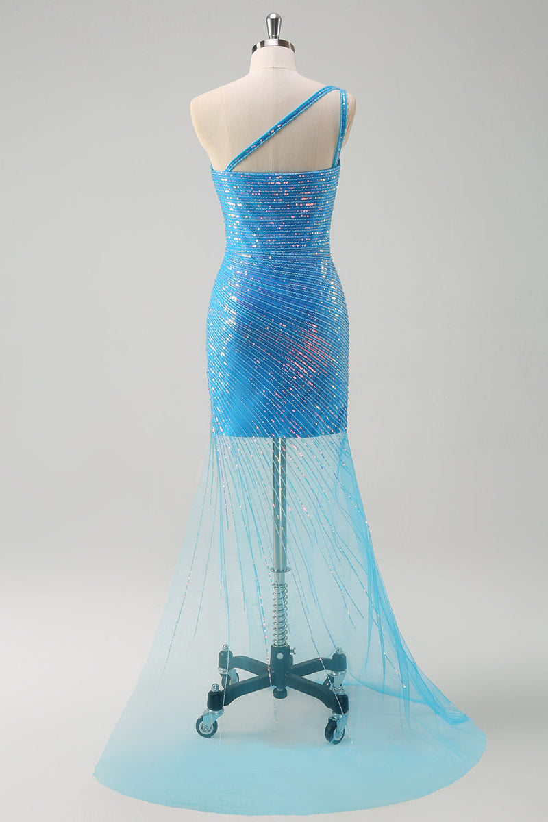 Load image into Gallery viewer, Sparkly Sequins Blue Bodycon One Shoulder Short Cocktail Dress