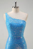 Load image into Gallery viewer, Sparkly Sequins Blue Bodycon One Shoulder Short Cocktail Dress