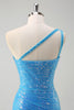 Load image into Gallery viewer, Sparkly Sequins Blue Bodycon One Shoulder Short Cocktail Dress