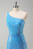 Load image into Gallery viewer, Sparkly Sequins Blue Bodycon One Shoulder Short Cocktail Dress