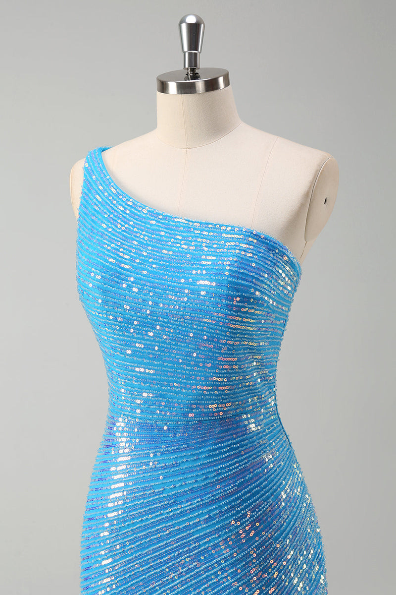 Load image into Gallery viewer, Sparkly Sequins Blue Bodycon One Shoulder Short Cocktail Dress