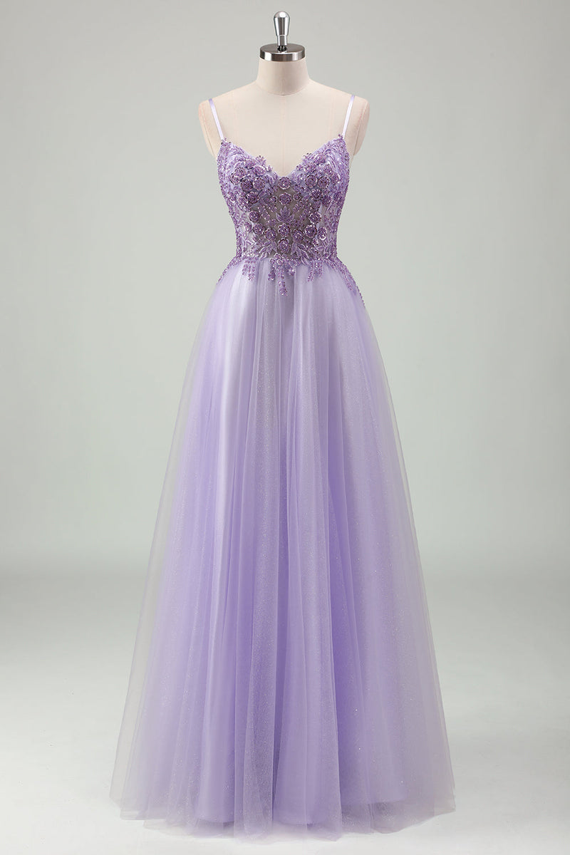 Load image into Gallery viewer, Sparkly Purple A Line Spaghetti Straps Corset Long Prom Dress with Appliques