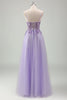 Load image into Gallery viewer, Sparkly Purple A Line Spaghetti Straps Corset Long Prom Dress with Appliques