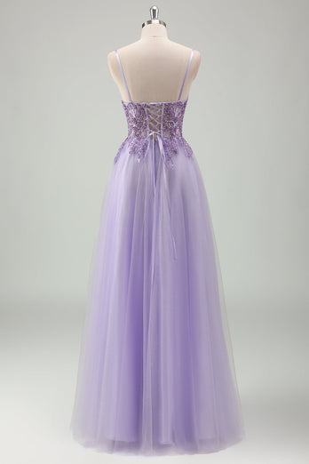 Sparkly Purple A Line Spaghetti Straps Corset Long Prom Dress with Appliques