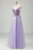 Load image into Gallery viewer, Sparkly Purple A Line Spaghetti Straps Corset Long Prom Dress with Appliques