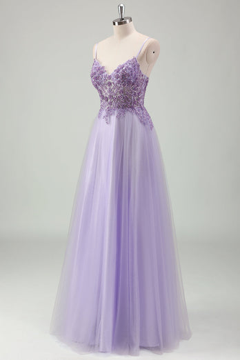 Sparkly Purple A Line Spaghetti Straps Corset Long Prom Dress with Appliques