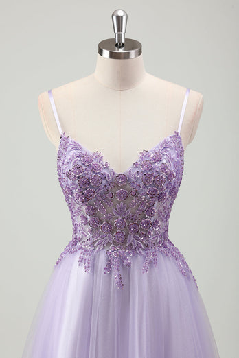 Sparkly Purple A Line Spaghetti Straps Corset Long Prom Dress with Appliques