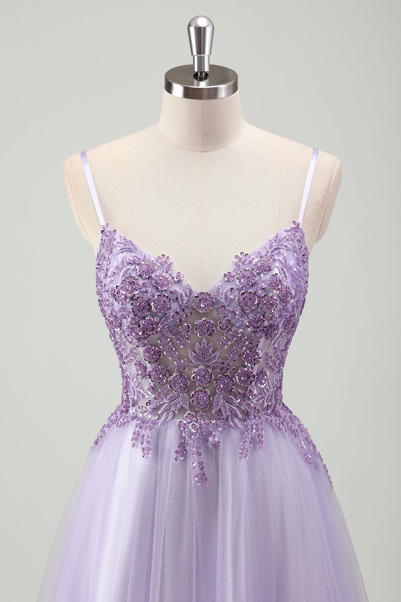 Load image into Gallery viewer, Sparkly Purple A Line Spaghetti Straps Corset Long Prom Dress with Appliques