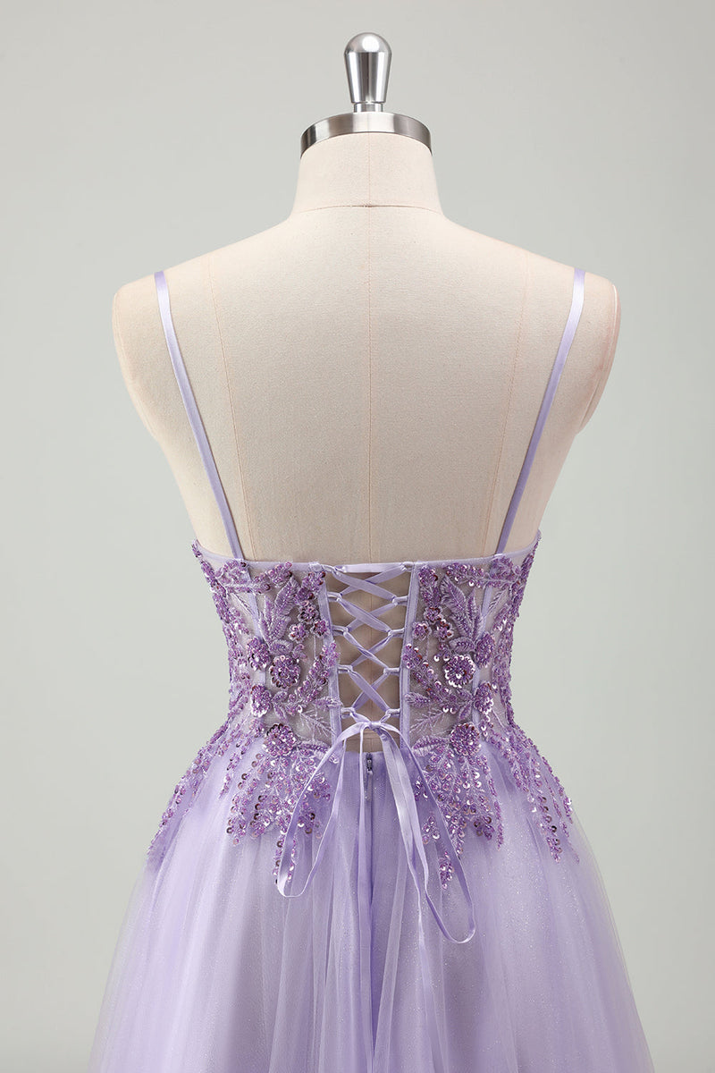 Load image into Gallery viewer, Sparkly Purple A Line Spaghetti Straps Corset Long Prom Dress with Appliques