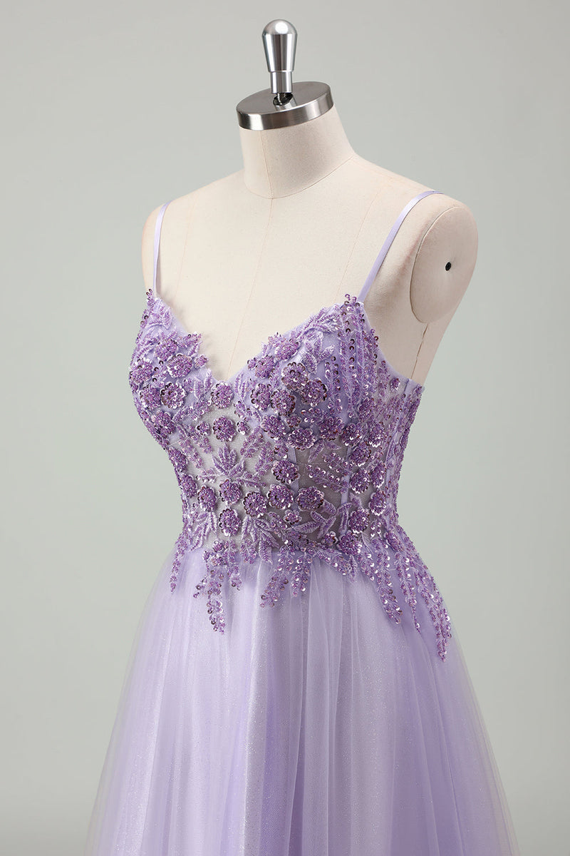 Load image into Gallery viewer, Sparkly Purple A Line Spaghetti Straps Corset Long Prom Dress with Appliques