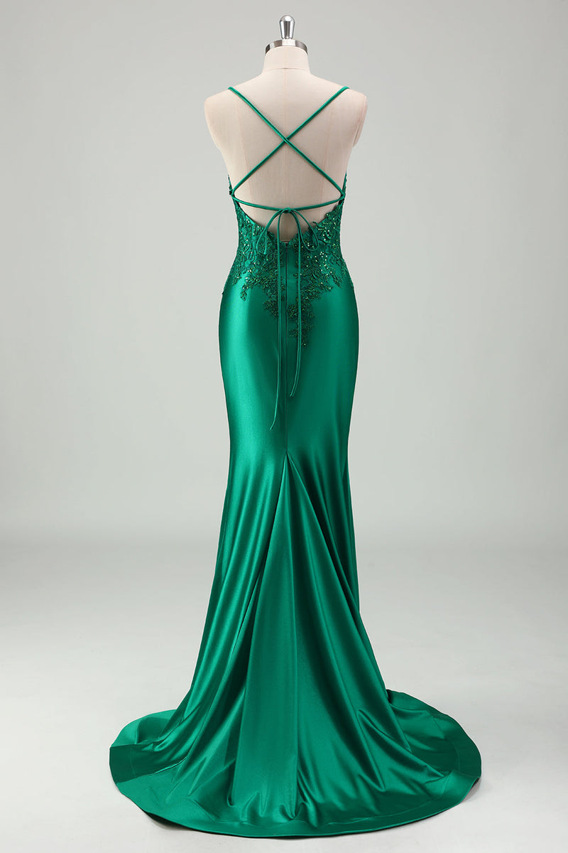 Load image into Gallery viewer, Sparkly Green Mermaid Spaghetti Straps Satin Long Prom Dress with Appliques