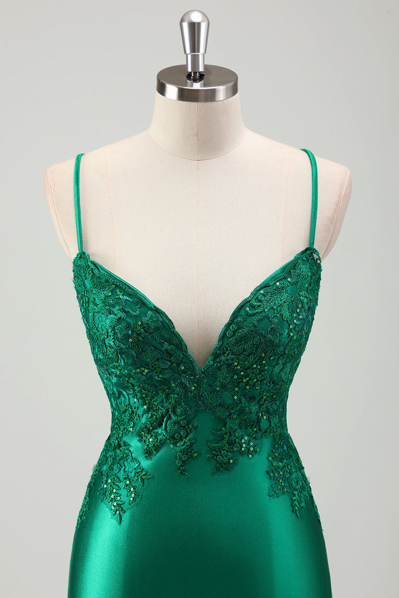 Load image into Gallery viewer, Sparkly Green Mermaid Spaghetti Straps Satin Long Prom Dress with Appliques