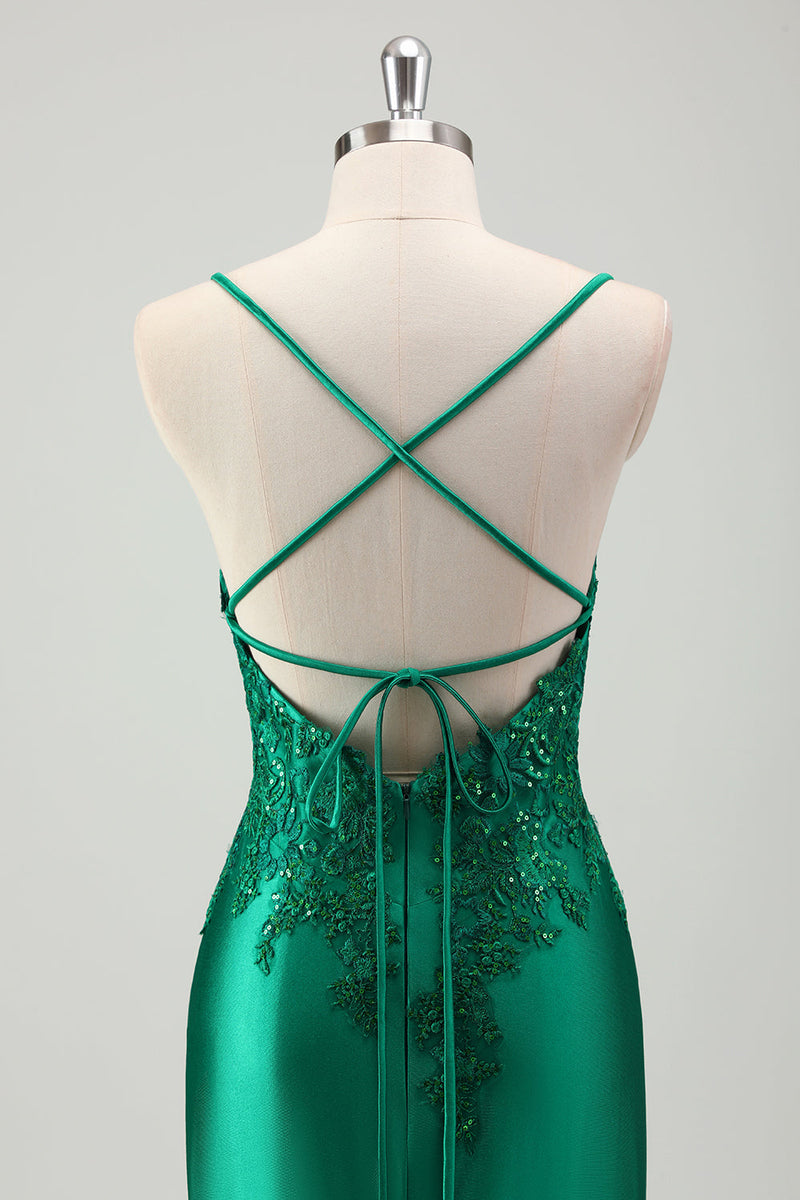 Load image into Gallery viewer, Sparkly Green Mermaid Spaghetti Straps Satin Long Prom Dress with Appliques