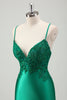 Load image into Gallery viewer, Sparkly Green Mermaid Spaghetti Straps Satin Long Prom Dress with Appliques