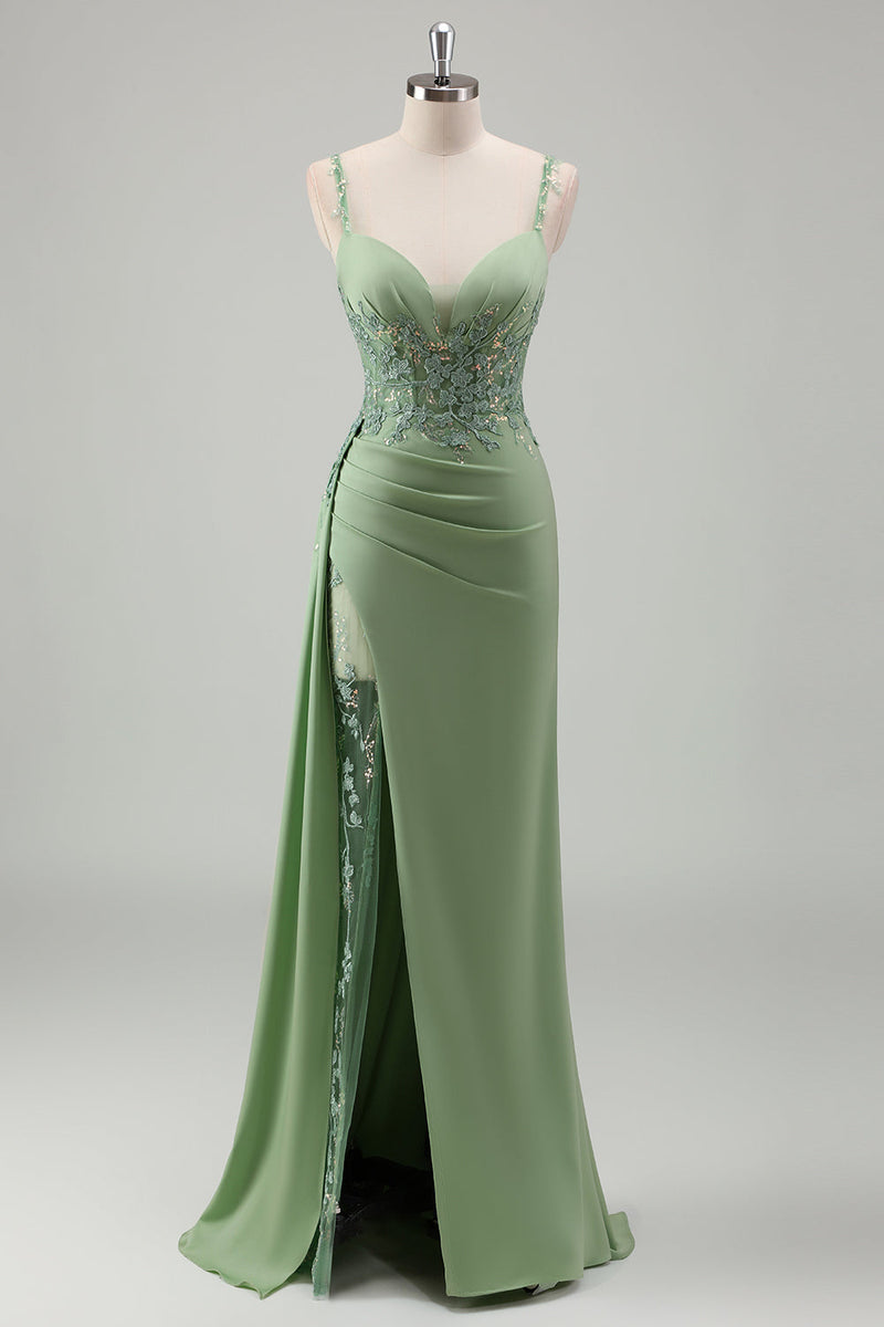 Load image into Gallery viewer, Sparkly Light Green Mermaid Spaghetti Straps Appliques Long Prom Dress with Slit