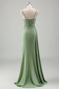 Sparkly Light Green Mermaid Spaghetti Straps Appliques Long Prom Dress with Slit