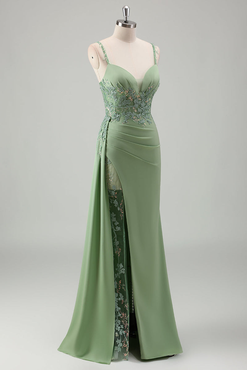 Load image into Gallery viewer, Sparkly Light Green Mermaid Spaghetti Straps Appliques Long Prom Dress with Slit