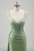 Load image into Gallery viewer, Sparkly Light Green Mermaid Spaghetti Straps Appliques Long Prom Dress with Slit