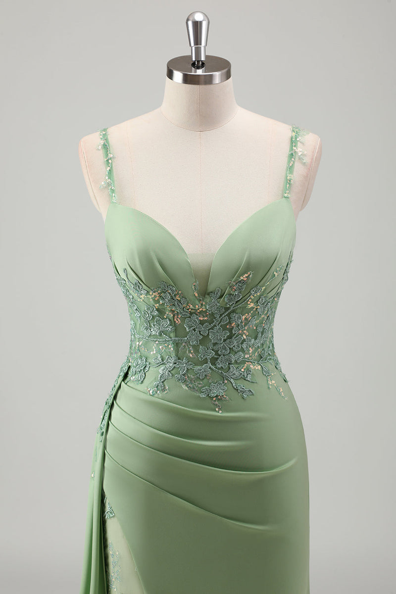 Load image into Gallery viewer, Sparkly Light Green Mermaid Spaghetti Straps Appliques Long Prom Dress with Slit