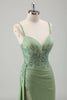 Load image into Gallery viewer, Sparkly Light Green Mermaid Spaghetti Straps Appliques Long Prom Dress with Slit