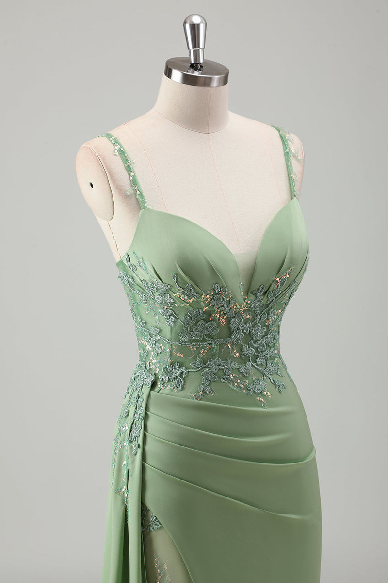 Load image into Gallery viewer, Sparkly Light Green Mermaid Spaghetti Straps Appliques Long Prom Dress with Slit