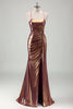 Load image into Gallery viewer, Metallic Gold Mermaid Spaghetti Straps Ruched Long Prom Dress with Slit