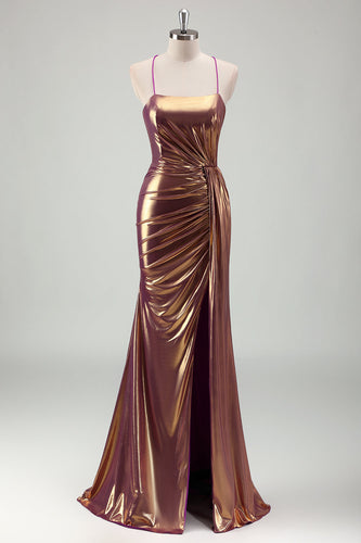 Metallic Gold Mermaid Spaghetti Straps Ruched Long Prom Dress with Slit