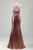 Load image into Gallery viewer, Metallic Gold Mermaid Spaghetti Straps Ruched Long Prom Dress with Slit