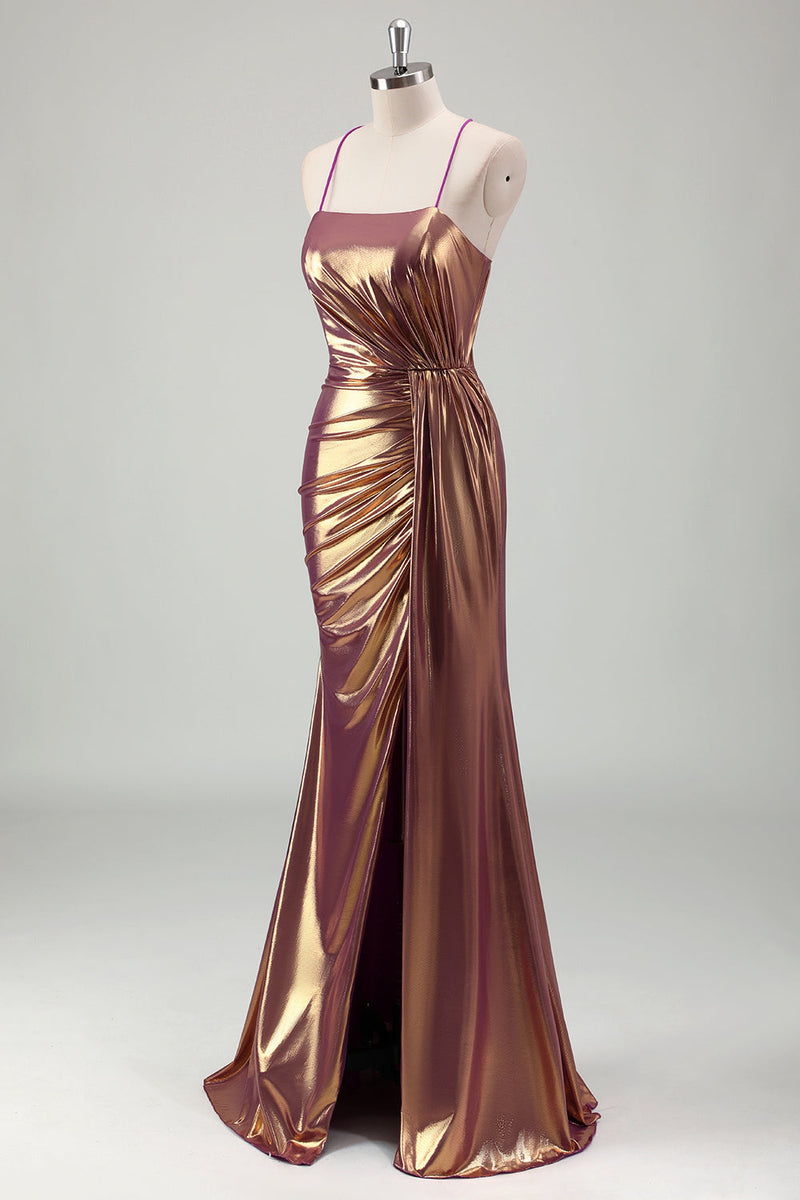 Load image into Gallery viewer, Metallic Gold Mermaid Spaghetti Straps Ruched Long Prom Dress with Slit