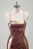 Load image into Gallery viewer, Metallic Gold Mermaid Spaghetti Straps Ruched Long Prom Dress with Slit