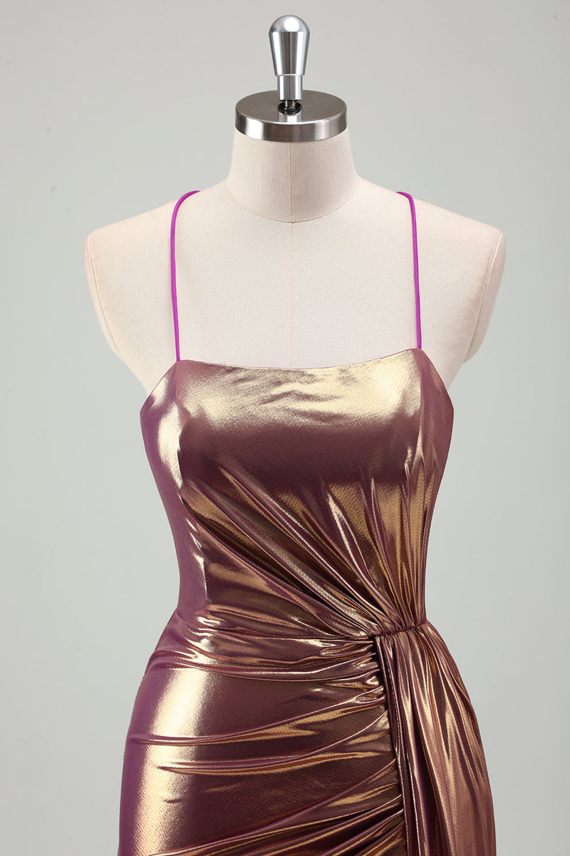 Load image into Gallery viewer, Metallic Gold Mermaid Spaghetti Straps Ruched Long Prom Dress with Slit